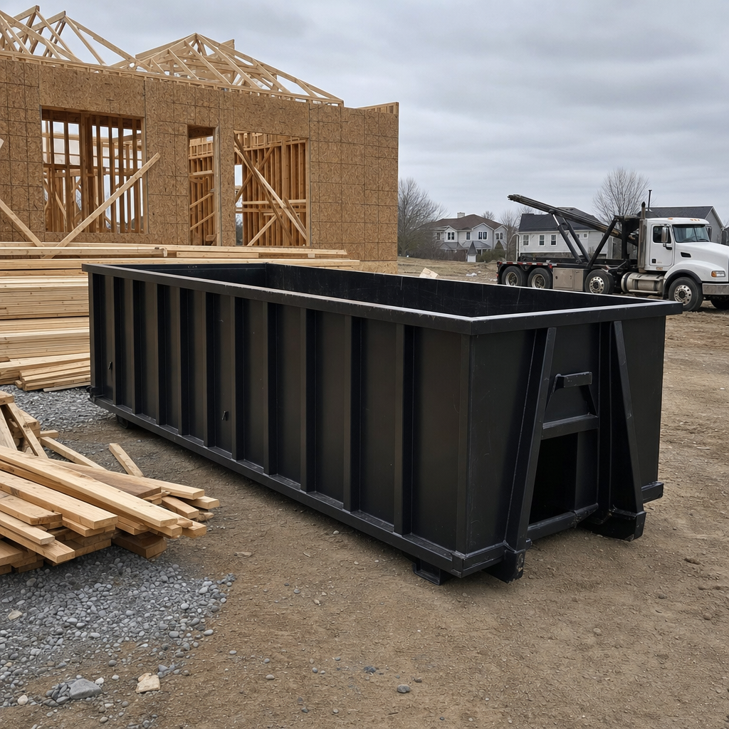 Matte-black 40-yard roll-off dumpster staged on a framed-out residential construction site in Pompano Beach, framing lumber stacked nearby, hooklift delivery truck visible in the background under bright Colorado daylight