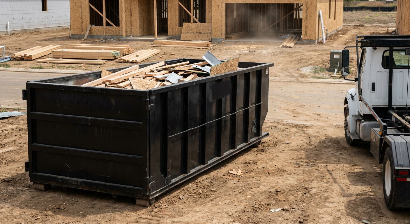 Matte-black 20-yard roll-off construction dumpster with heavy ribbed steel sidewalls and swing rear doors at a working jobsite in Pompano Beach, sitting directly on compacted dirt with an unmarked white hauler partially visible at the far edge of the frame.