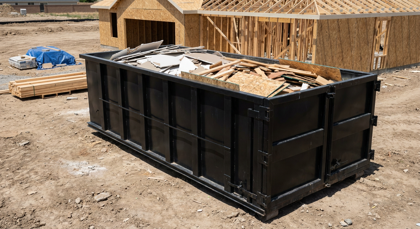Matte-black 30-yard roll-off construction dumpster sitting directly on the compacted-dirt site of a framed single-family home build in Pompano Beach, drywall and lumber scrap loaded inside.