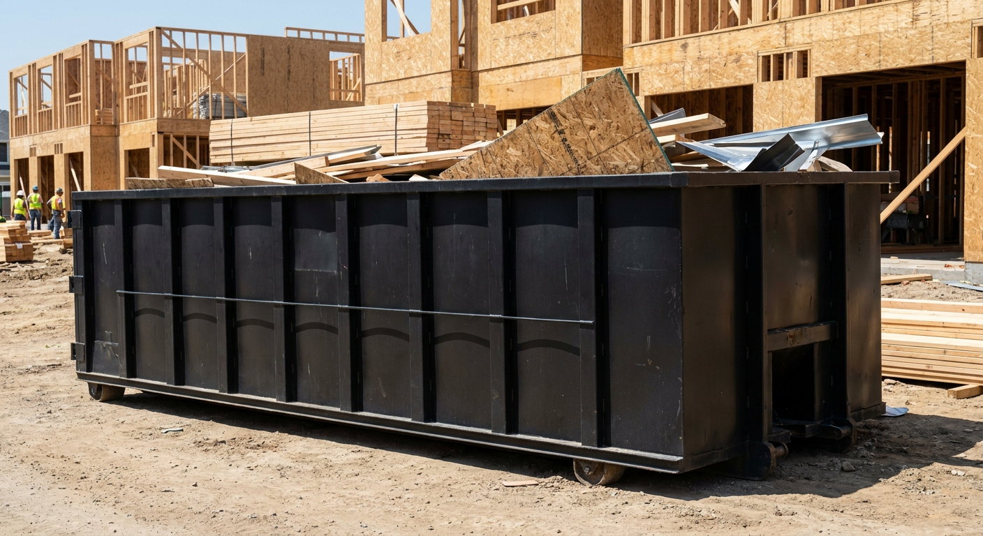 Matte-black 40-yard roll-off construction dumpster being lowered from a white-cab hooklift delivery truck onto the compacted-dirt jobsite at a commercial build site in Pompano Beach