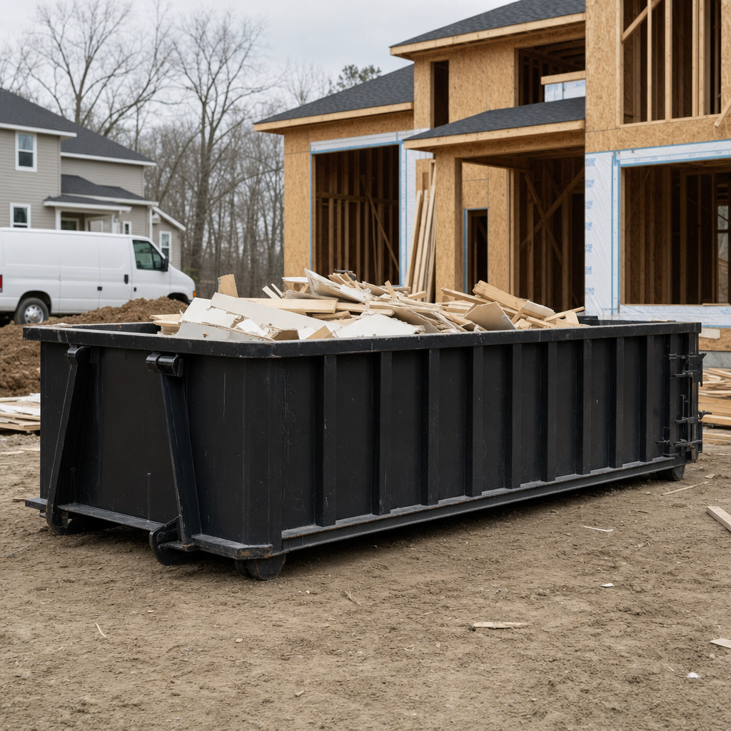 Worker in a yellow high-visibility vest tossing framing lumber and broken drywall into a matte-black 30-yard construction roll-off dumpster on an active build site in Pompano Beach, bright daylight