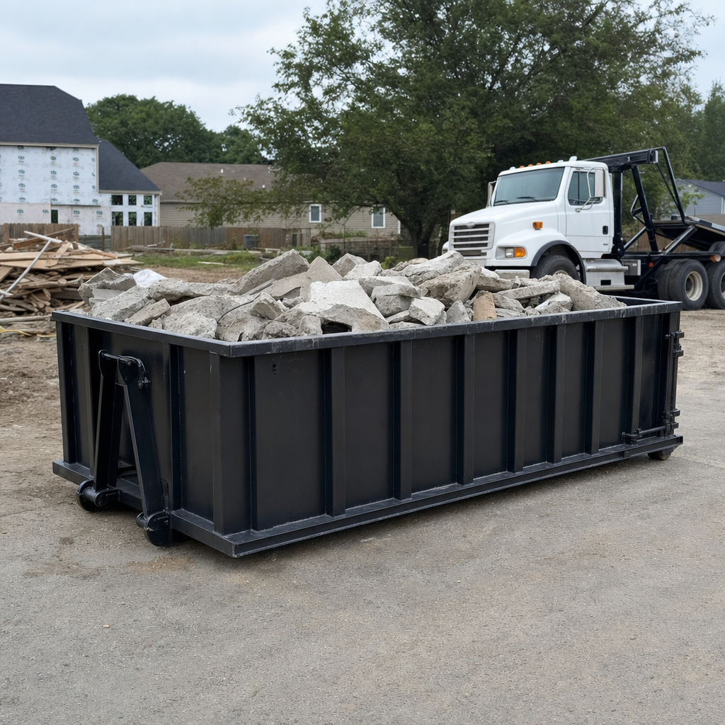 Low-profile matte-black lowboy roll-off dumpster loaded with broken concrete slab and rebar at a foundation tear-out in Pompano Beach, skid steer parked beside it, sunny Colorado morning
