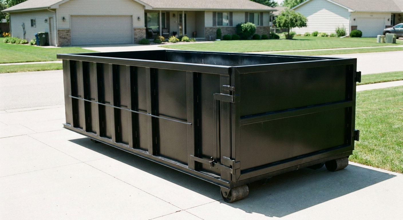 Matte-black 10-yard roll-off dumpster on a residential concrete driveway in Pompano Beach, uniformly painted matte black across every panel and rail, ribbed steel sidewalls and rear swing door visible, mid-day daylight.