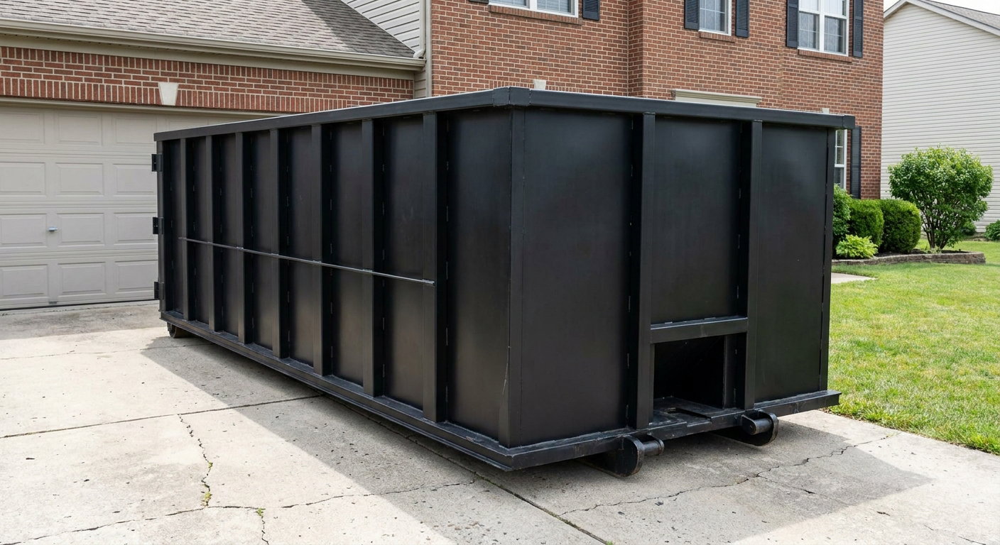 Matte-black 20-yard roll-off container on a Pompano Beach residential concrete driveway with reinforced ribbed steel sidewalls and a hinged rear walk-in door, clean bright daylight.