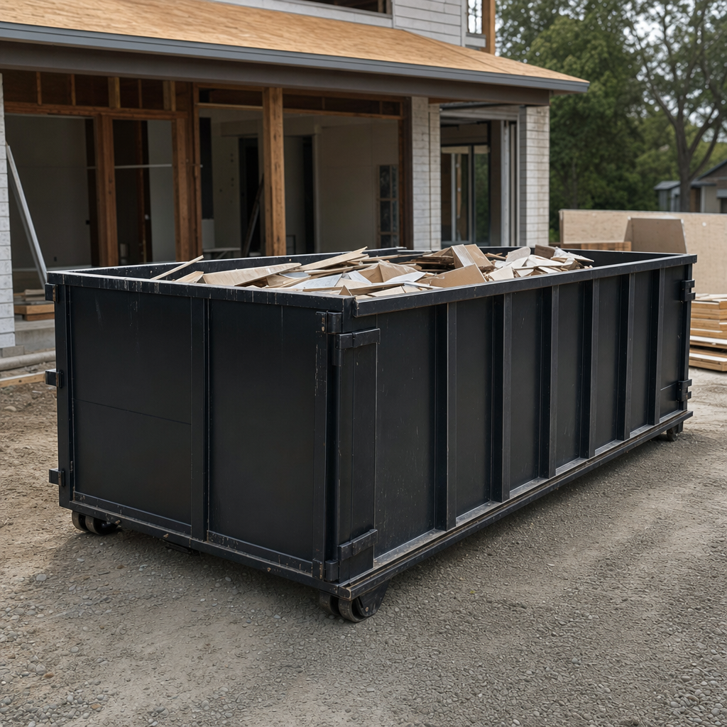 Large matte-black 30-yard construction roll-off dumpster at an active Pompano Beach jobsite, steel-gray top rails and bottom rollers visible, loaded with construction debris.