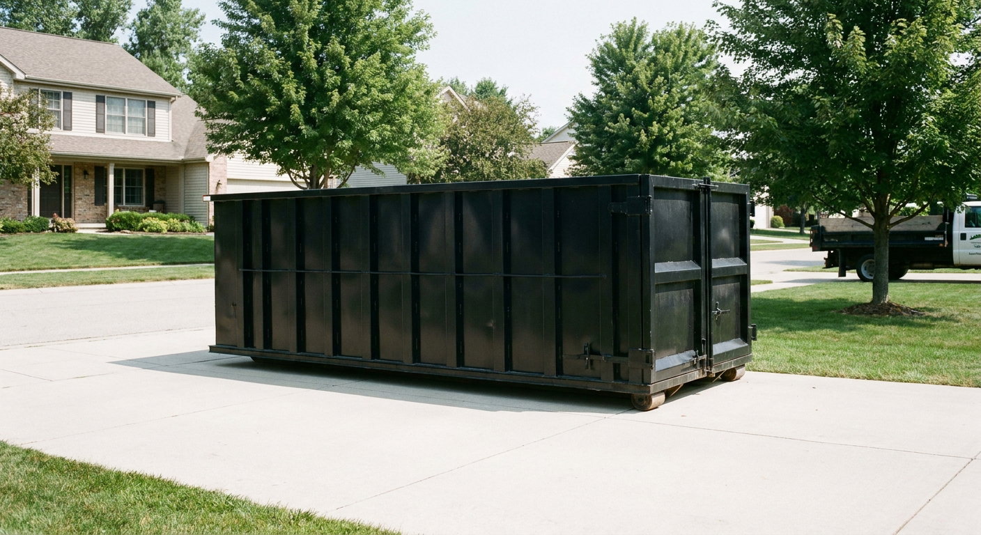 Matte-black 20-yard roll-off dumpster sitting level on a clean Pompano Beach residential concrete driveway under bright daylight, demonstrating clean placement directly on the concrete.