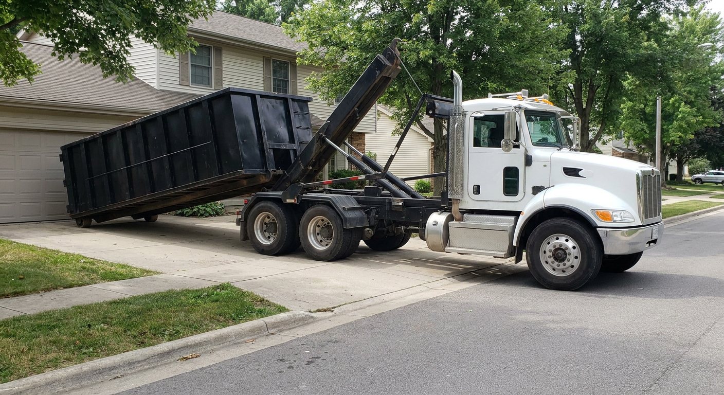 White-cab hooklift roll-off truck actively lowering a matte-black dumpster onto a Pompano Beach residential concrete driveway, the dumpster's rear wheels touching the driveway as the hoist arm tilts the bed forward, mid-morning daylight.