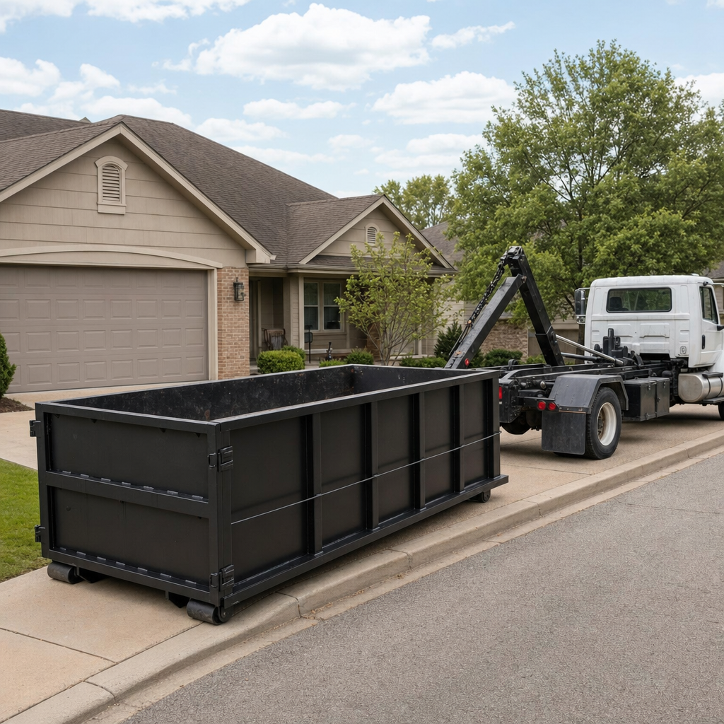 Wide documentary shot of a matte-black roll-off dumpster on a Pompano Beach residential driveway in the foreground and a contractor jobsite container in the soft-focus background, bright daylight, calm and orderly composition.