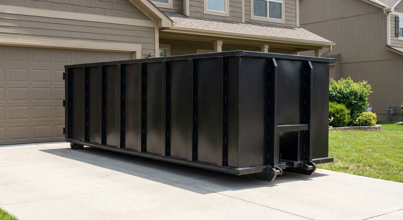 Matte-black residential roll-off dumpster sitting directly on a suburban Pompano Beach concrete driveway, garage door closed, single-family home in background, bright morning daylight.