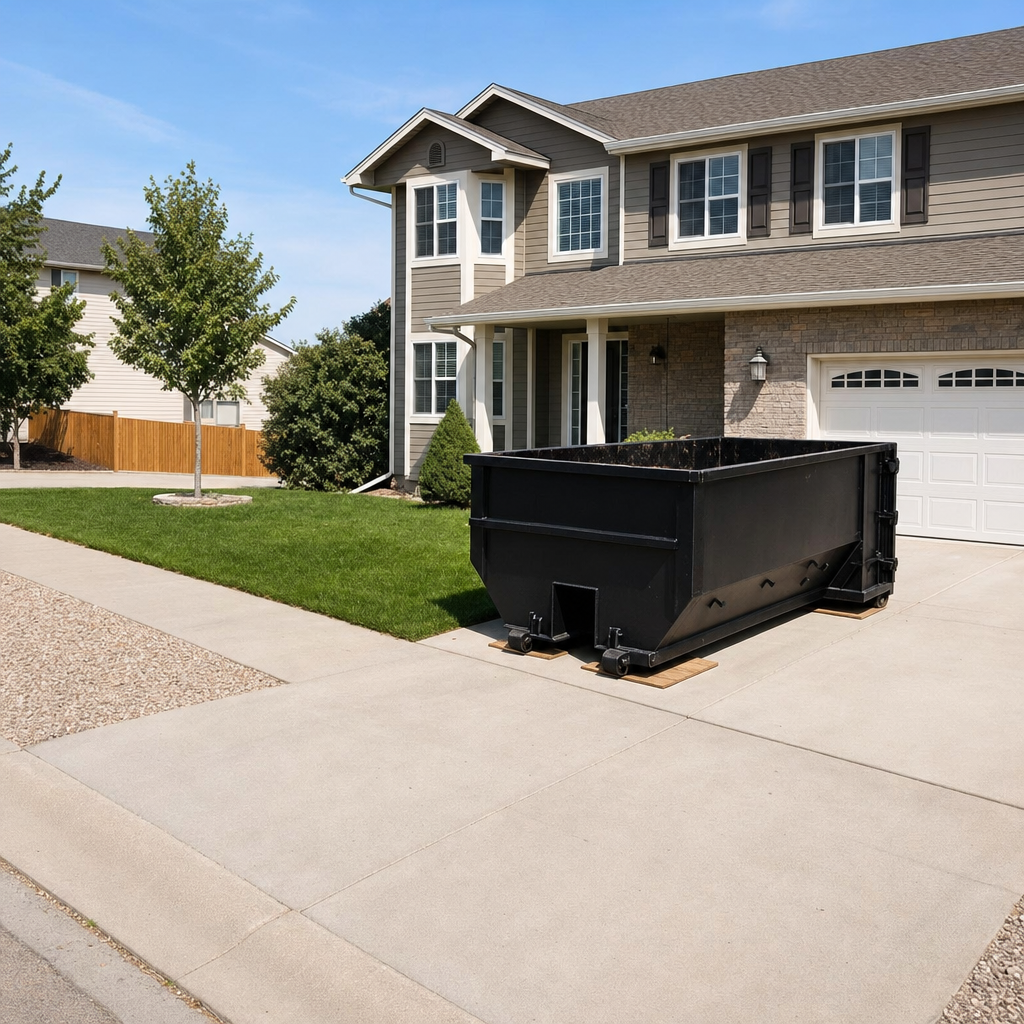 10-yard matte-black residential dumpster placed directly on a narrow Pompano Beach concrete driveway, room remains for a parked sedan beside it, mid-morning natural light