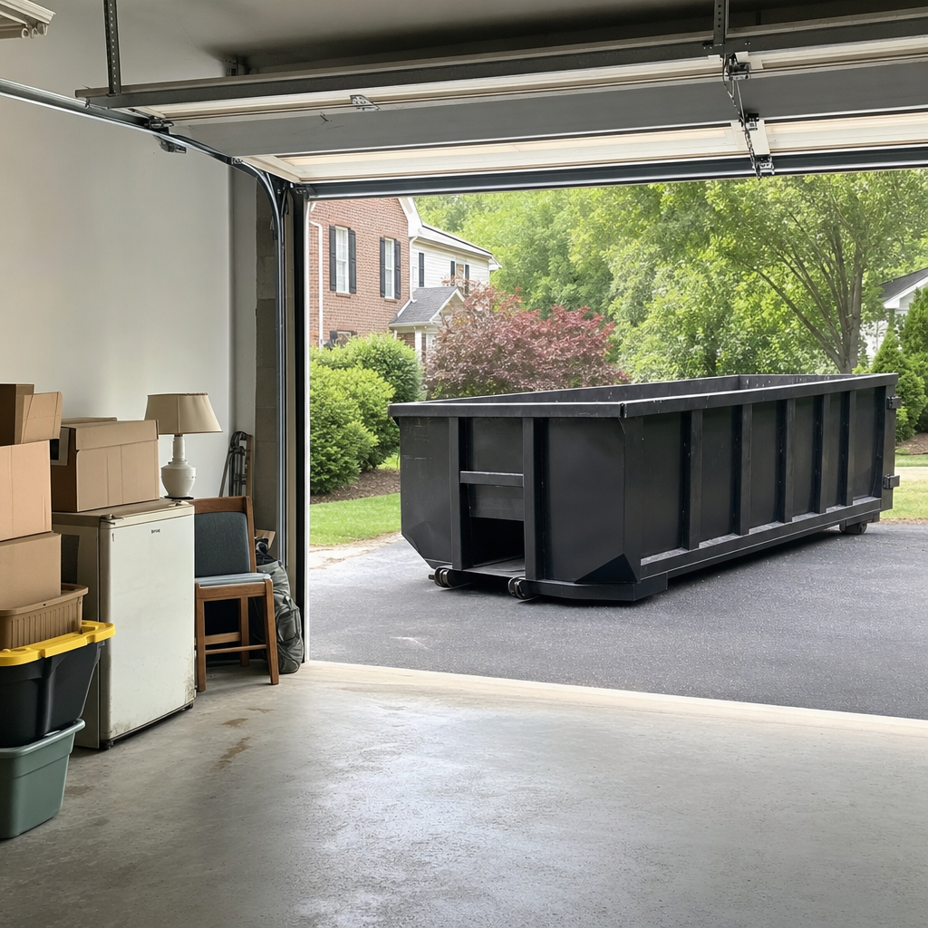 Open garage interior in a Pompano Beach home mid-cleanout — boxed items, an old appliance, and stacked yard tools queued near the driveway for a matte-black roll-off dumpster, organized and calm