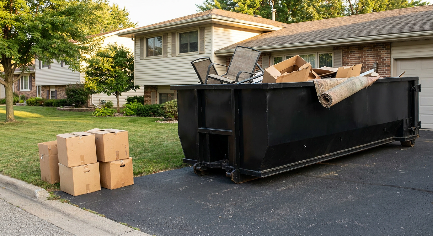 Front-yard view of a Pompano Beach split-level home with a 20-yard matte-black roll-off dumpster sitting directly on the asphalt driveway, a few clearly labeled donation boxes staged at the curb, calm sunny afternoon.