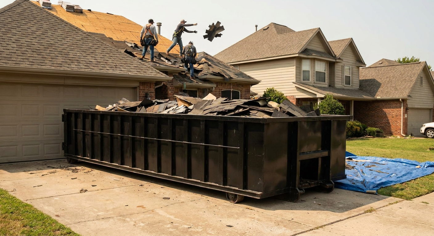 Matte-black roofing roll-off dumpster placed directly on a Pompano Beach residential concrete driveway, a tear-off crew on a two-story asphalt-shingle roof tossing shingle bundles into the low-walled container, bright daylight, documentary 35mm perspective.