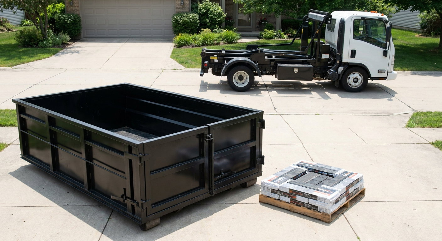 Matte-black 15-yard roofing roll-off dumpster with reinforced low side walls sitting directly on a Pompano Beach residential concrete driveway, three-tab asphalt shingle bundles stacked nearby, an unmarked white hauler truck partially visible at the edge of the frame.