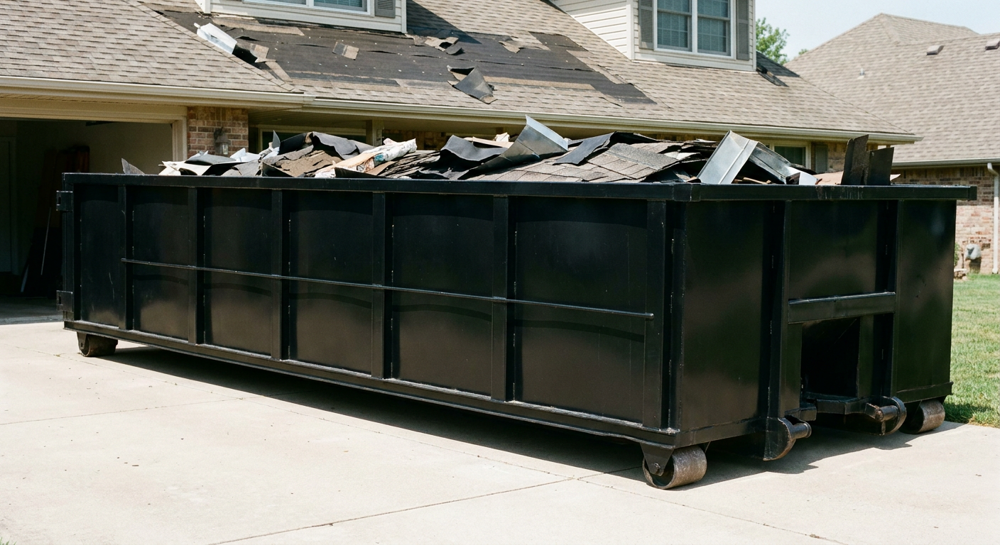 Matte-black 20-yard roofing roll-off dumpster with steel ribbed sides and swinging rear door, sitting directly on the concrete driveway of a two-story Pompano Beach home, asphalt shingle debris being loaded over the low wall, clean documentary lighting.