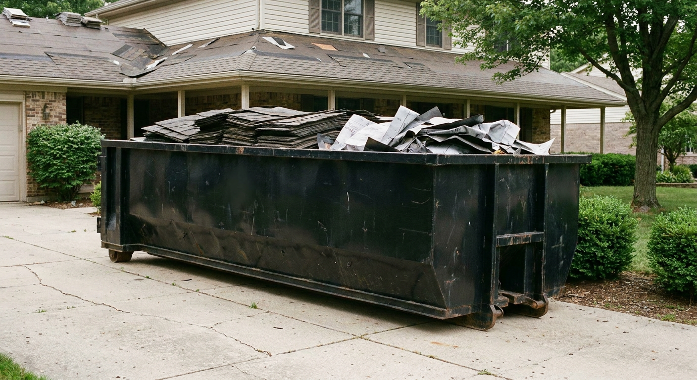 Matte-black 30-yard roofing roll-off dumpster sitting directly on a Pompano Beach concrete driveway, taller ribbed steel side panels, mixed tear-off debris of asphalt shingles and underlayment inside, professional documentary daylight.