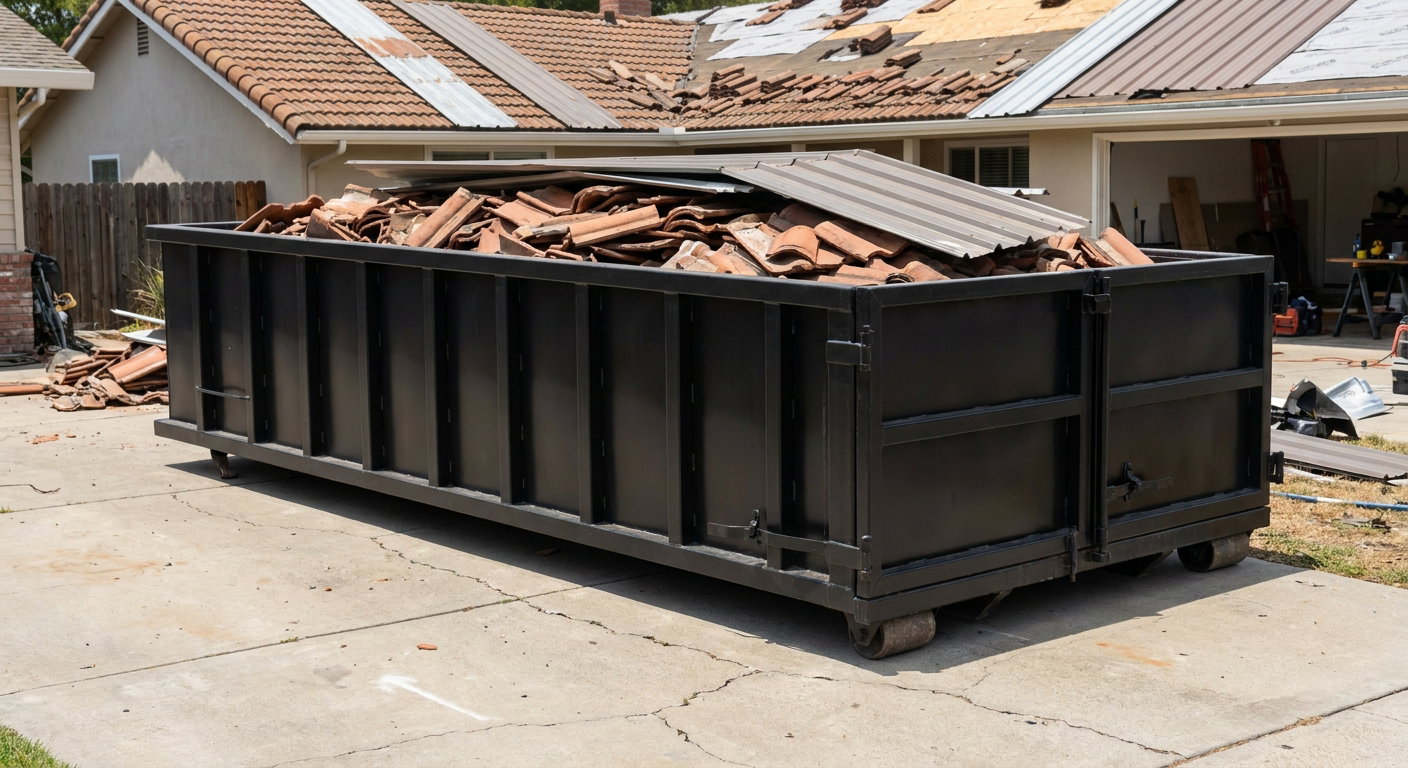Matte-black low-wall heavy-debris roofing roll-off dumpster sitting directly on a Pompano Beach concrete driveway, broken concrete clay roof tiles and metal panel sections loaded inside, reinforced ribbed steel side walls visible, bright outdoor daylight.