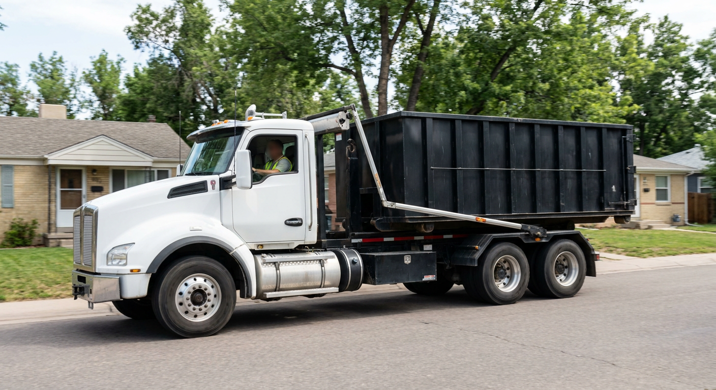 A wide documentary shot of a matte-black roll-off delivery truck pulling onto a quiet Pompano Beach residential street at mid-morning, with neighborhood rooftops and tree-lined blocks visible behind, showing the metro coverage footprint.