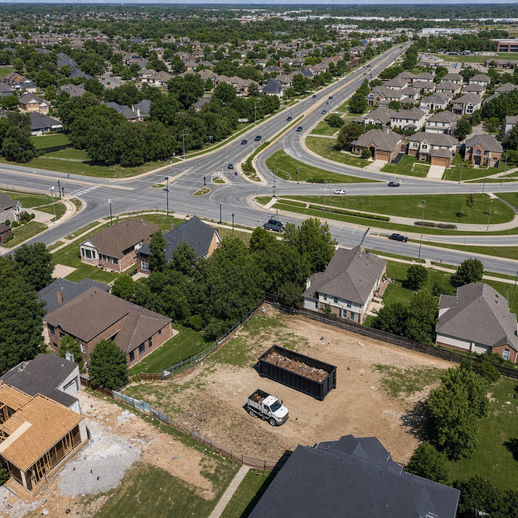 An overhead documentary view of the Pompano Beach metro area at midday, showing the spread of neighborhoods, arterial roads, and the dispatch radius from a central yard — clean daylight, organized geographic layout.