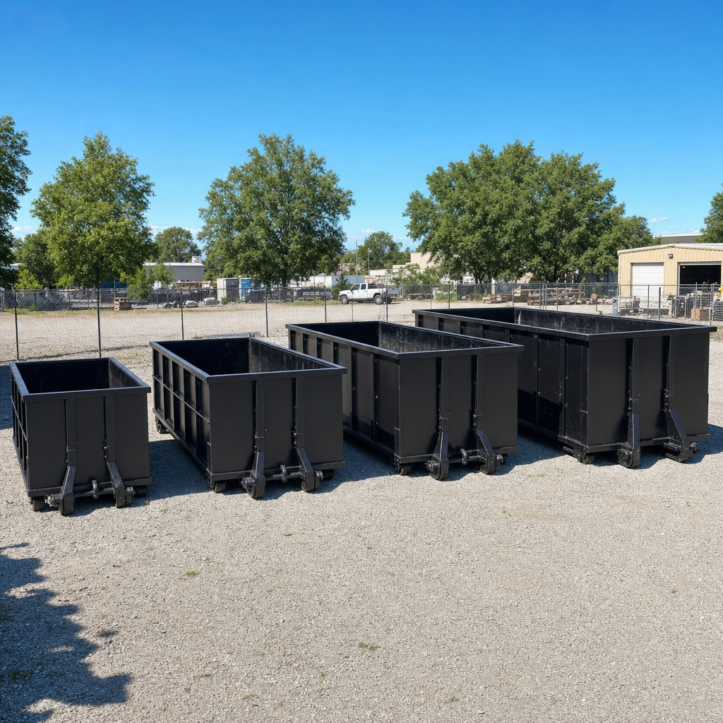 A clean lineup of matte-black roll-off dumpsters in 10, 20, 30, and 40-yard sizes staged on a sunlit gravel yard in Pompano Beach, showing the size progression from compact to commercial-scale containers.