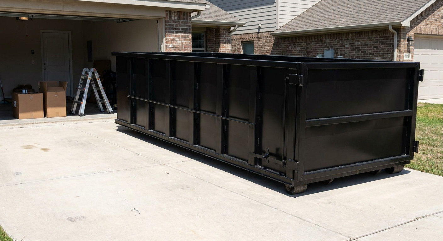 A matte-black 10-yard roll-off dumpster sitting directly on a residential Pompano Beach concrete driveway, mid-day sunlight, clean and ready for a garage cleanout.