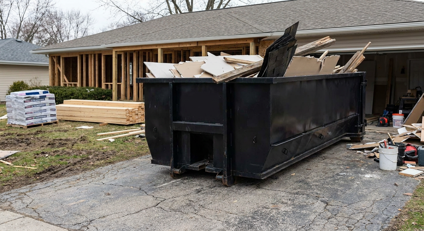A matte-black 20-yard roll-off dumpster placed alongside a mid-renovation Pompano Beach home directly on the asphalt driveway, with framing materials and torn-off shingles staged neatly nearby.