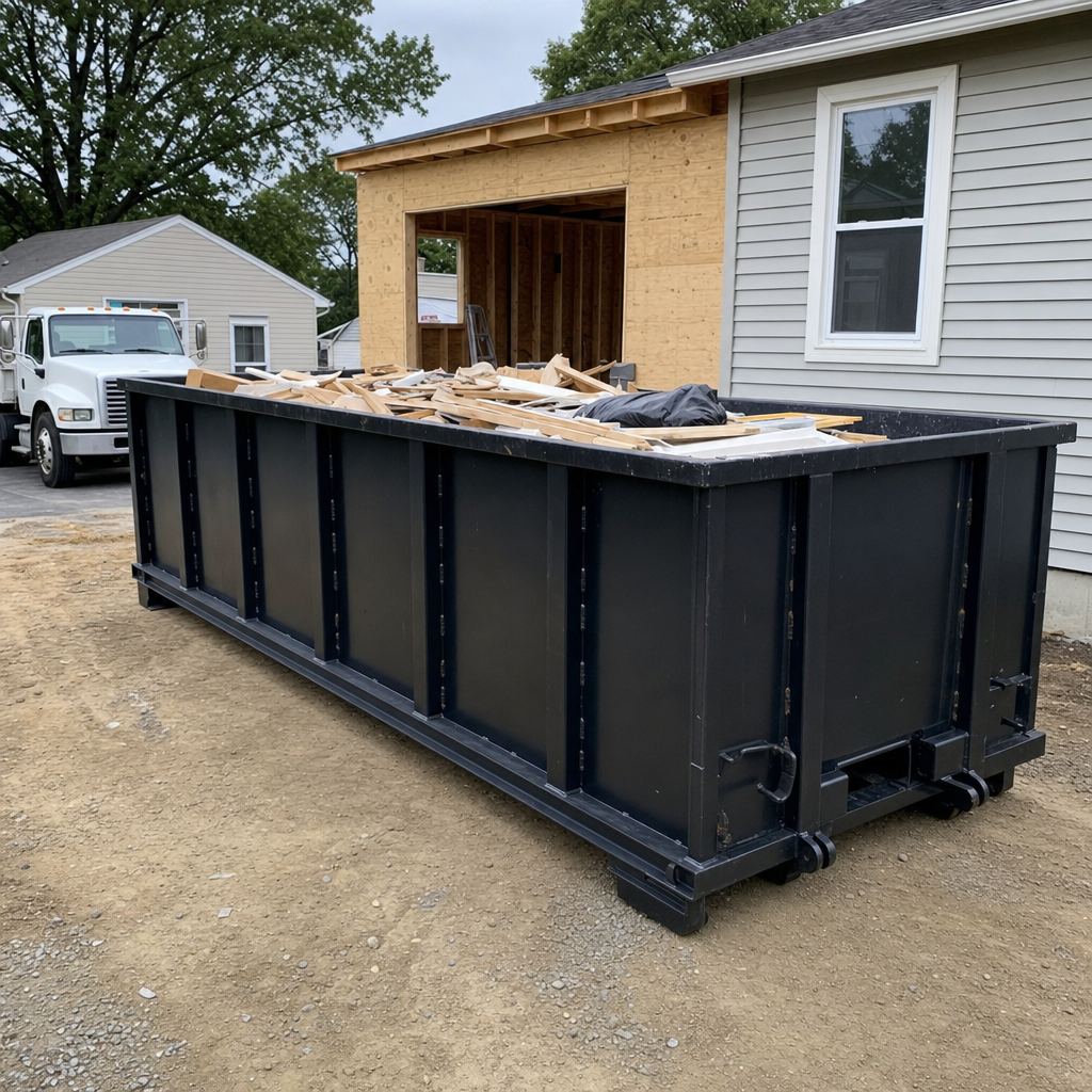 A matte-black 30-yard roll-off dumpster positioned at a Pompano Beach residential addition jobsite, with framing lumber and drywall scraps loaded through the open swinging rear doors.