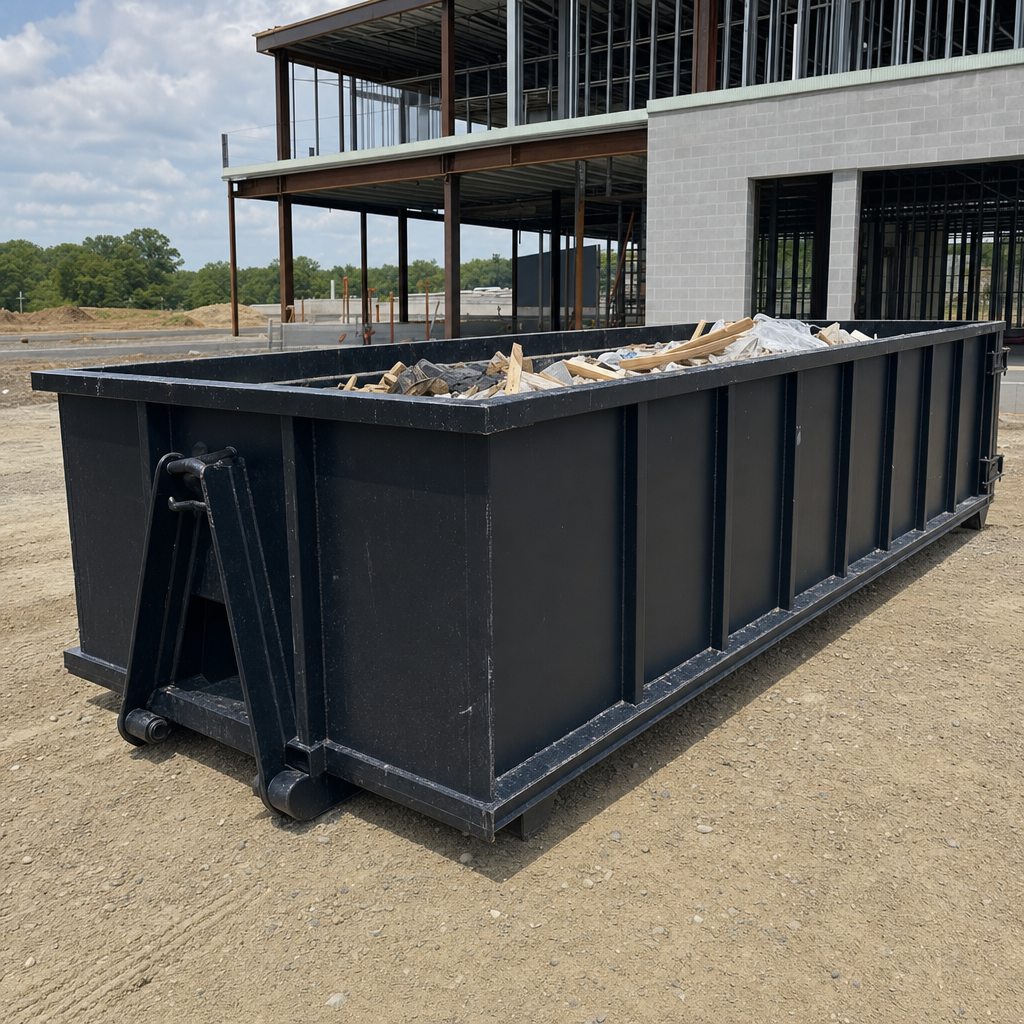 A matte-black 40-yard roll-off dumpster staged on a large Pompano Beach commercial construction lot, with a hooklift delivery truck parked alongside under bright midday sky.