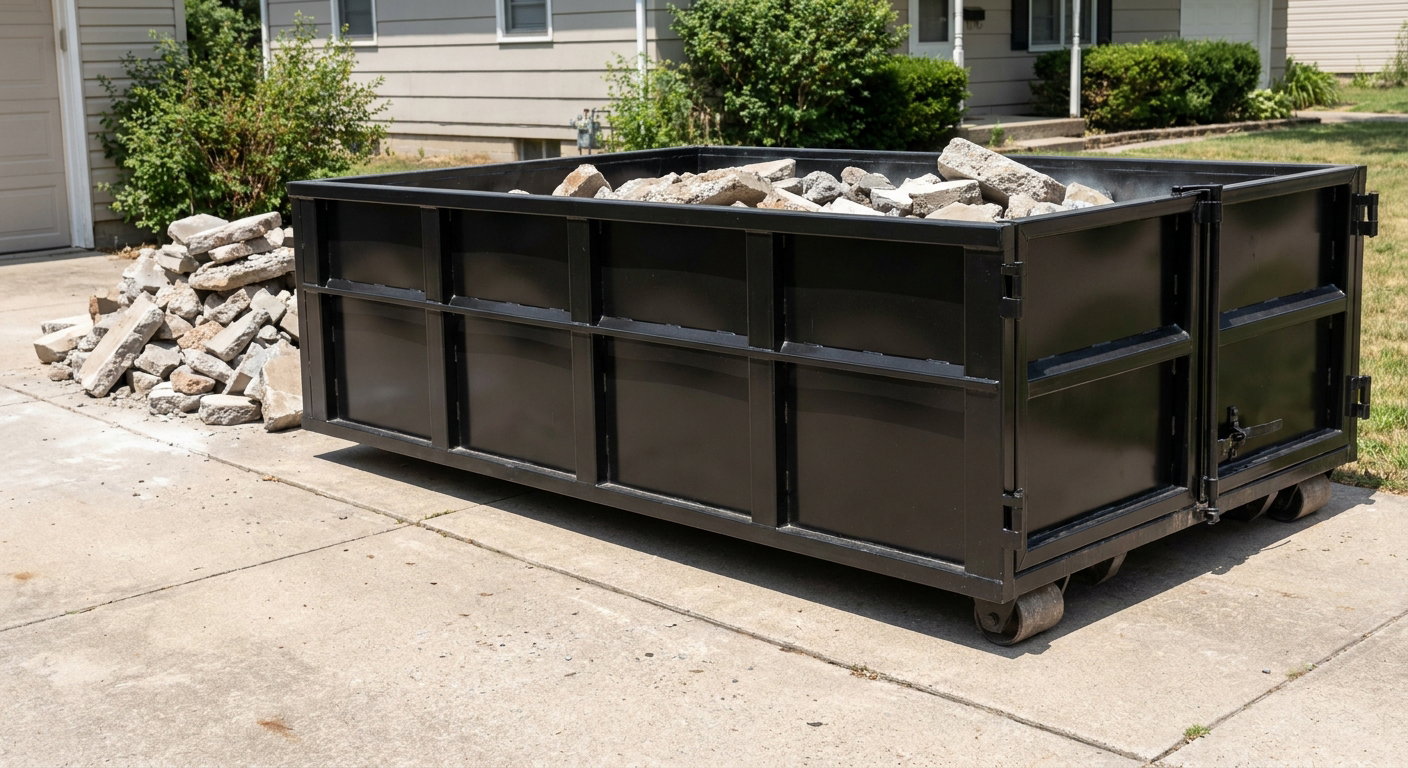 A matte-black low-side heavy-debris roll-off dumpster placed directly on a Pompano Beach concrete driveway, with broken concrete chunks neatly stacked beside it under clean daylight.